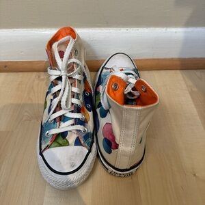 White High Top Converse with Multicolor Polka Dots and Fun Laces